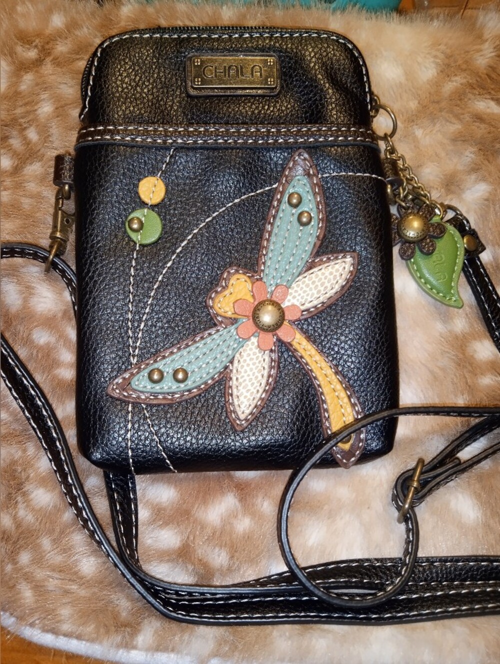 NWOT Chala Black Small Crossbody Bag with Multicolor Floral Dragonfly Appliqué.